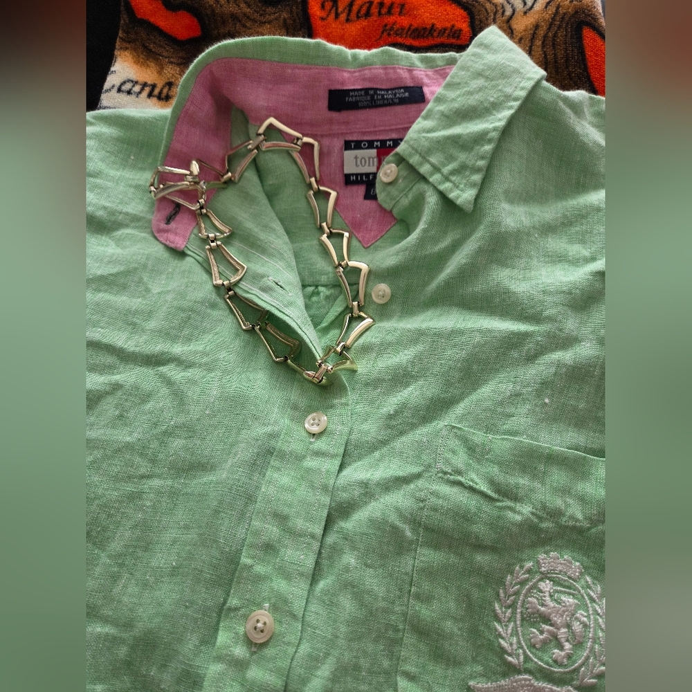 Vtg & NWT Tommy Hilfiger Light Green 100% Linen Top (Cover-up) - Picture 11 of 16